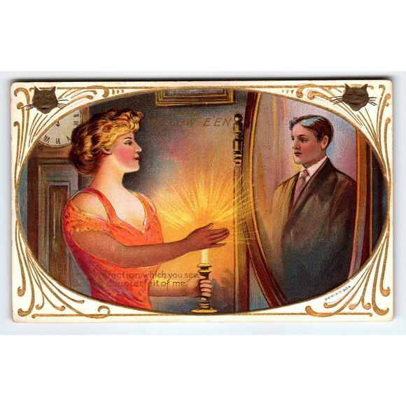 Vintage 1910s Halloween Lithograph Postcard Woman Candle Mirror - Picture 1 of 2